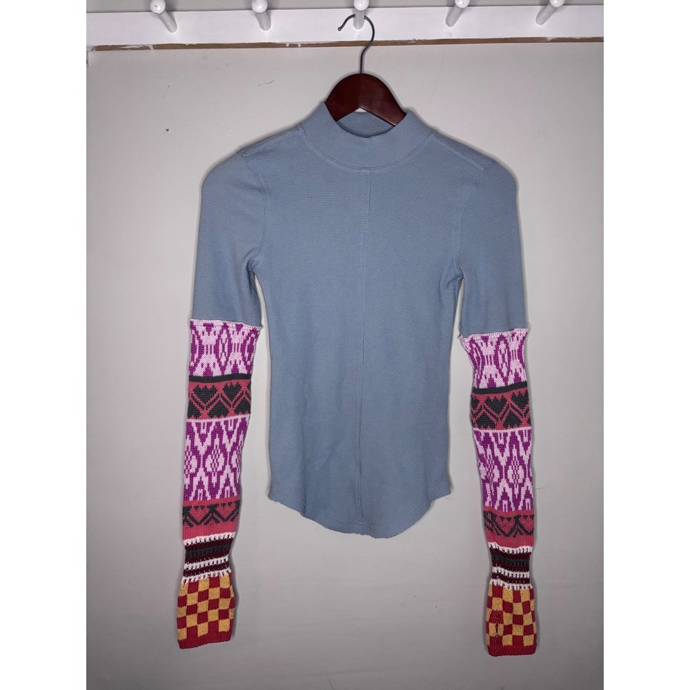 We The Free Free People Thermal Top‎ XS Blue Mixed Media Knit Sleeve Mock Neck